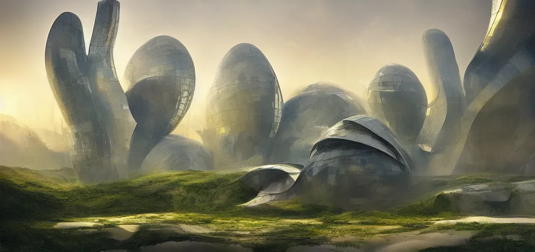 Image similar to a futuristic solarpunk biome, designed by frank gehry, sci - fi, digital art by paul chadeisson