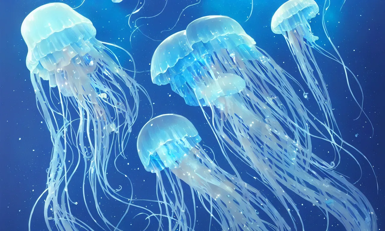 Image similar to detailed jellyfish in space, blue tones, underwater, full frame, highly detailed, digital painting, artstation, concept art, smooth, sharp focus, illustration, art greg rutkowski and alphonse mucha