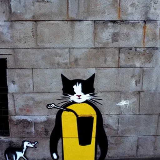 Image similar to Street art of an alcoholic cat who drink wine, by banksy