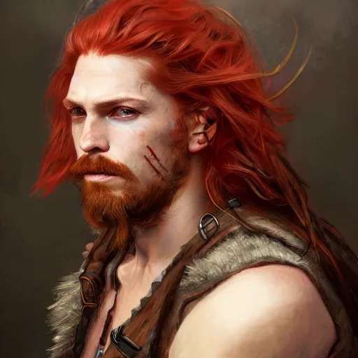 Image similar to portrait of a young rugged pirate, male, masculine, upper body, red hair, long hair, soft hair, D&D, fantasy, intricate, elegant, highly detailed, digital painting, artstation, concept art, matte, sharp focus, illustration, art by Artgerm and Greg Rutkowski and Alphonse Mucha