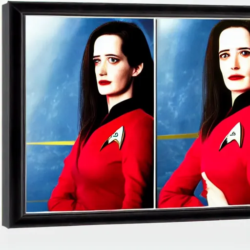 Image similar to a full body portrait of 3 0 year old eva green as a star fleet officer from star trek next generation, ultra rendered, extreme realism and detail, 8 k, highly detailed, realistic, completely framed, hyper realistic, colorful, direct lighting, 3 5 mm photo, photorealistic, sharp focus