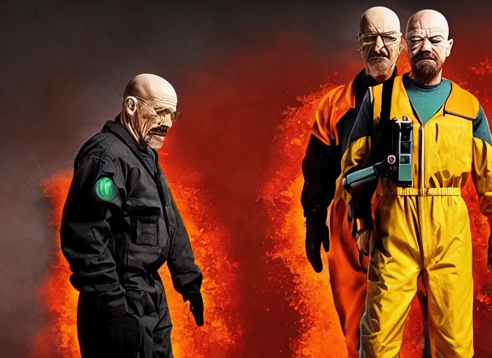 Image similar to film still of Walter White as Gordan Freeman wearing Black and orange Black Mesa Jumpsuit holding a gravity gun in the Half Life Movie, 4k