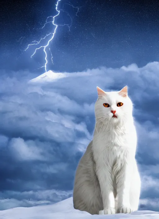 Image similar to giant white cat on a snowy mountain with lightning coming out of its paws, blue sky background with moon