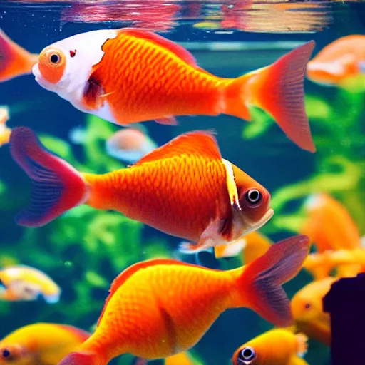 Prompt: extremely obese beautiful colorful goldfish in an aquarium, photography