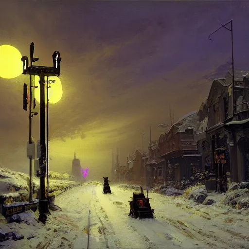 Prompt: painting of syd mead artlilery scifi organic shaped electric pole with ornate metal work lands on a snowy road, fossil ornaments, volumetric lights, purple sun, andreas achenbach