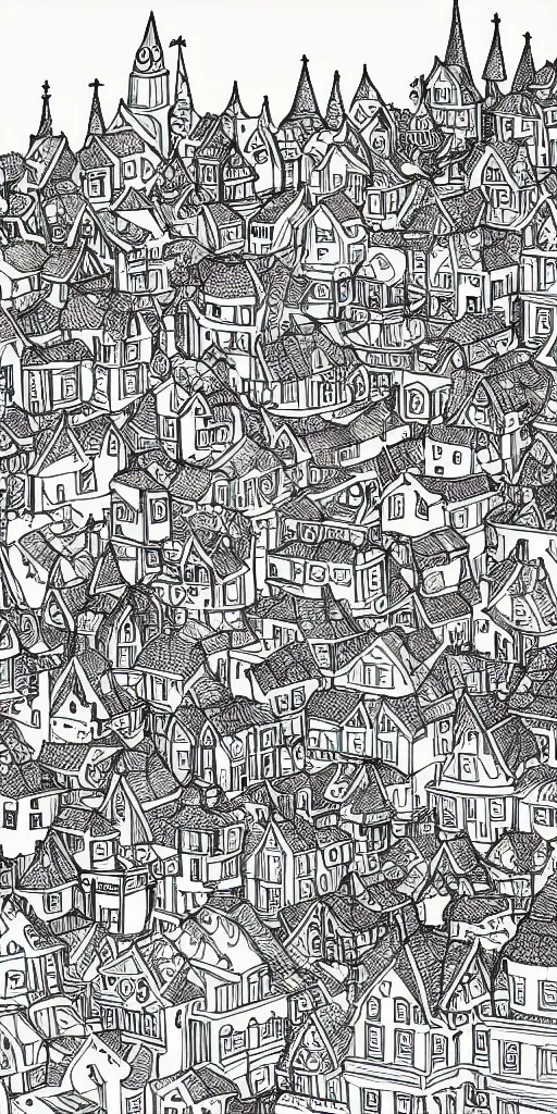 Prompt: an adult coloring book page of a fantasy village by steve mcdonald and angela porter, 4k, trending on artstation