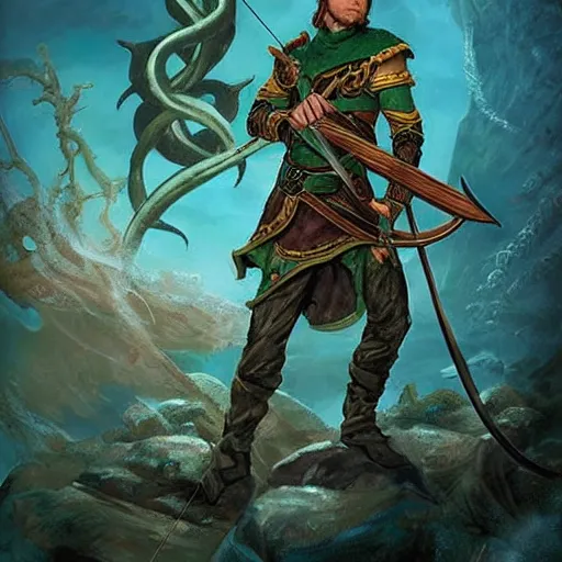 Prompt: Arrogant half elf ranger with shaggy brown hair and a teal tunic holding a magical crossbow, dead kraken in background, epic, fantasy art