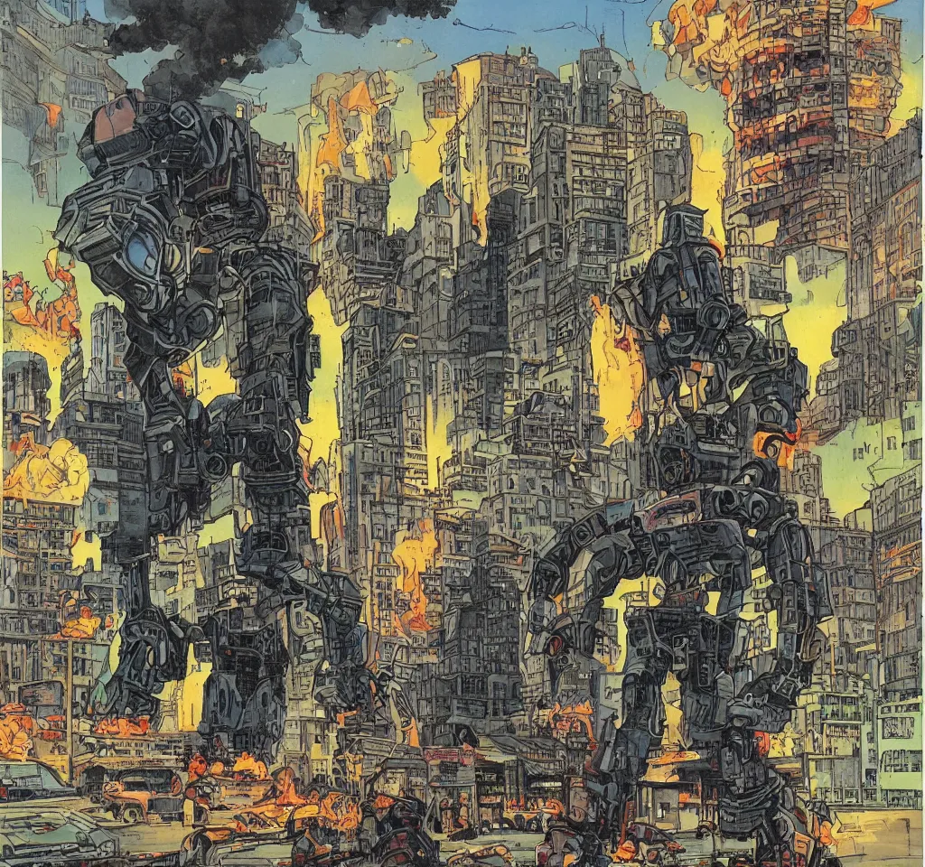 Image similar to Giant robot walking through a cityscape while eating a donut, one of the buildings is on fire and smoking by richard corben style