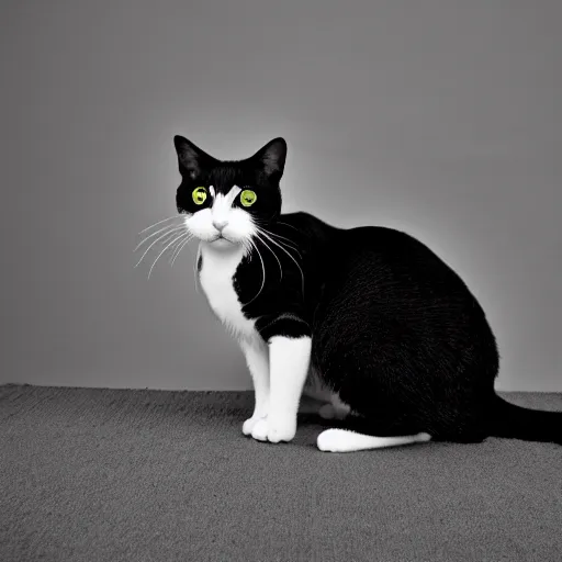 Prompt: a tortoise shell cat colored black and white, photo of a cat