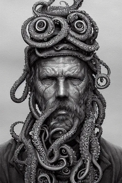 Prompt: portrait of an old fisherman with tentacles growing on him, eldritch, d & d, face, fantasy, intricate, elegant, highly detailed, digital painting, artstation, concept art, smooth, sharp focus, illustration, art by greg rutkowski