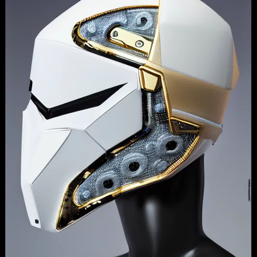 Prompt: sci fi mecha helmet, futuristic streetwear design and adornment, all white and gold, layered detail and depth, 16k resolution, highly detailed, styled by LGHT and Vittorio Bonapace, beautiful