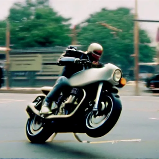 Prompt: Film still of 'Robot Future 2050' (1990). Motorcycle chase scene. Sigma 85mm f/1.4