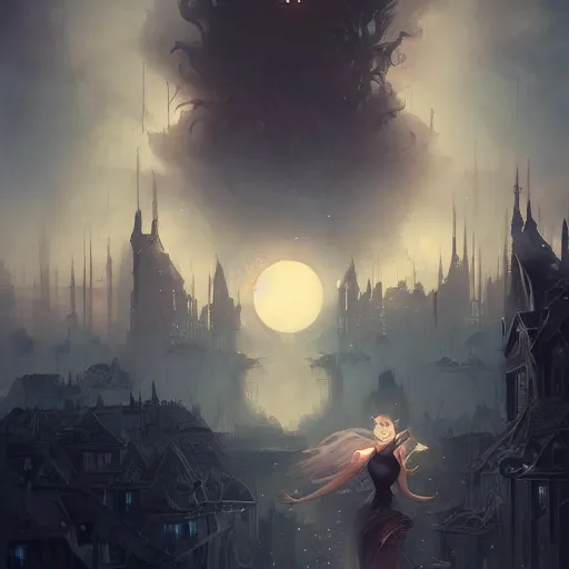 Image similar to a detailed illustration of a weeping woman against the background of a ravaged city and a dark moonlit sky, artstation, by Peter Mohrbacher, Art Nouveau, sophisticated, Unreal engine, dystopia, anti-utopia, post processing, nostalgic melancholic artwork, intricate