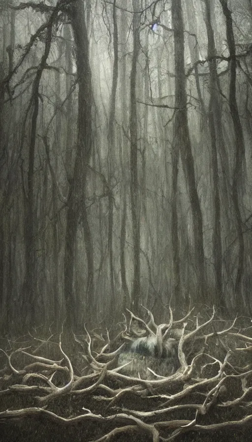 Prompt: a storm vortex made of many demonic eyes and teeth over a forest, by alyssa monks