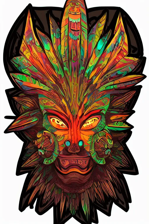 Image similar to animal mask totem roots flower tribal feather gemstone plant wood rock shaman vodoo video game vector cutout illustration vivid multicolor borderlands comics by josan gonzales and dan mumford radiating a glowing aura