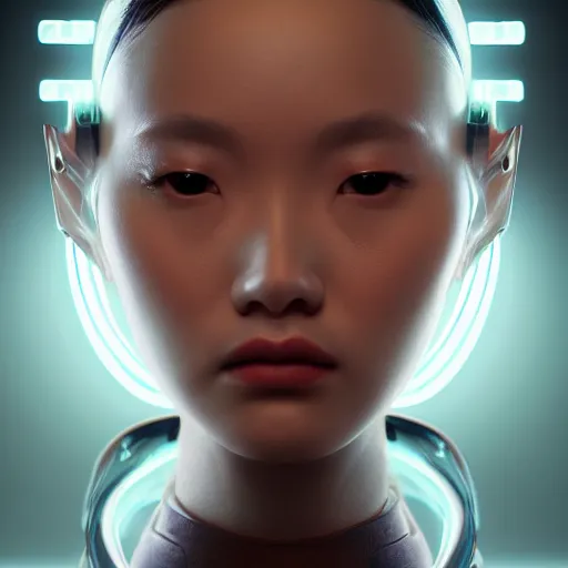 Prompt: portrait of an alien princess, style of Feng Zhu, Artstation geometric, aesthetic, smooth skin, unique features, symmetrical, intricate crown, high fashion, streetwear, cyberpunk, detailed, octane render, cinematic, 8k, opalescent skin,