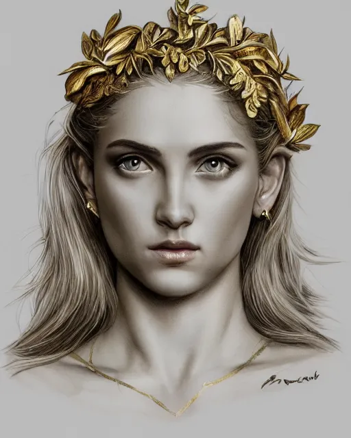 Image similar to front view of beautiful aphrodite greek goddess wearing a gold laurel wreath and triangle earrings, realism tattoo sketch, beautiful piercing eyes with sharp pupils, beautiful blonde hair, in the style of greg rutkowski, fantasy, amazing detail, epic, elegant, smooth, sharp focus