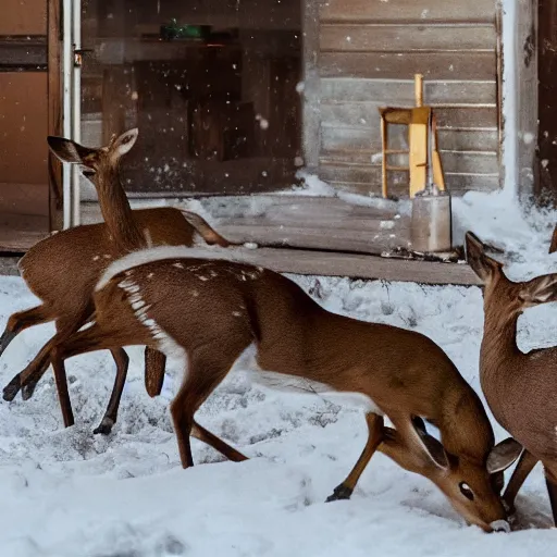 Image similar to cinematic scene of two deer fighting in a house