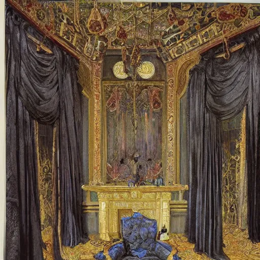 Prompt: A dark throne room with curtains by Gustave Moreau, by Georgia O keeffe