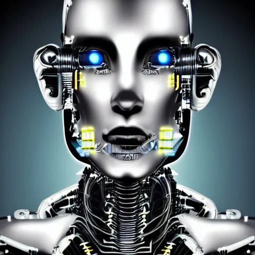 Image similar to portrait photo of a cybernetic cyborg half human face half robot face, circuitry, high tech, future