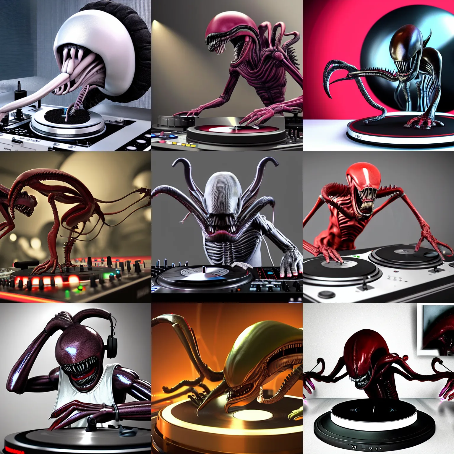 Prompt: 3d render of photoreal xenomorph alien wearing headphones DJing with DJ turntables, unreal