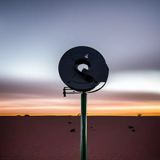 Prompt: mobile camoflaged rugged weather station sensor antenna on tank treads, for monitoring the australian desert, XF IQ4, 150MP, 50mm, F1.4, ISO 200, 1/160s, dawn