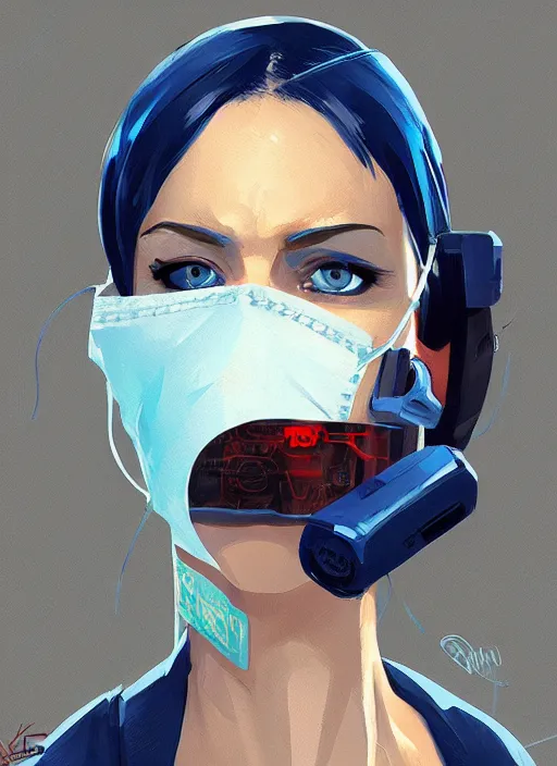 Prompt: concept art close up blue cyberpunk character with a surgical mask, by shinji aramaki, by christopher balaskas, by krenz cushart