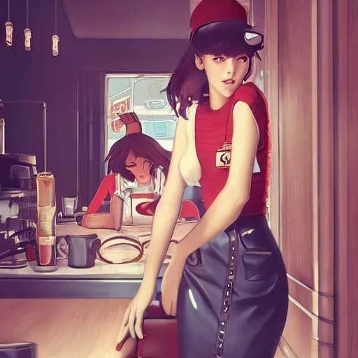 Image similar to lofi girl in the cafe, stylized, artgerm, artstation, hd, cgsociety, cgi, realistic, dramatic, cinematic, artistic, trending, detailed