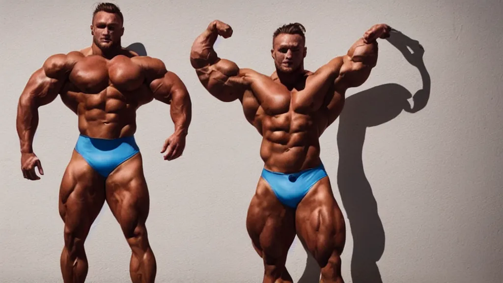 Prompt: chris bumstead wearing a swimsuit and flexing in a queer position photographed by rupaul