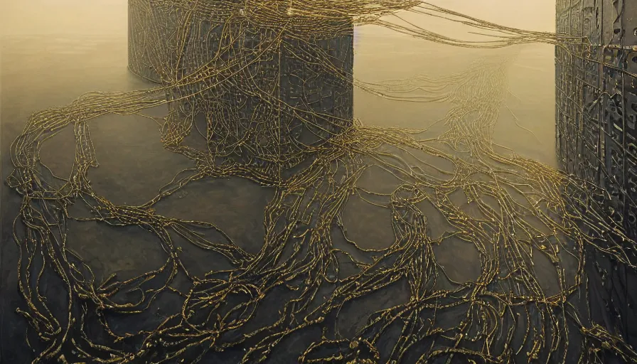 Prompt: A beautiful hyper realistic detailed painting cybernetic symbiosis of 2 gigantic tall skyscaper sized quantum computer blocks and an espresso machine on a vast black granite tarmac ,gold and silver and brass wire chains, elite satisfying cable management, by Beksinski, beeple, unreal engine