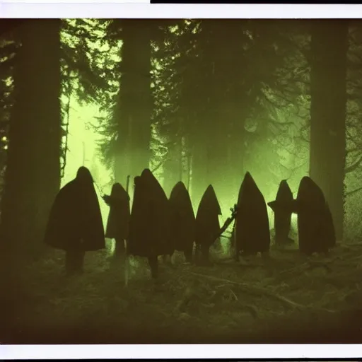 Prompt: old polaroid depicting cultists with torches, at a clearing, at dusk, green tentacles everywhere