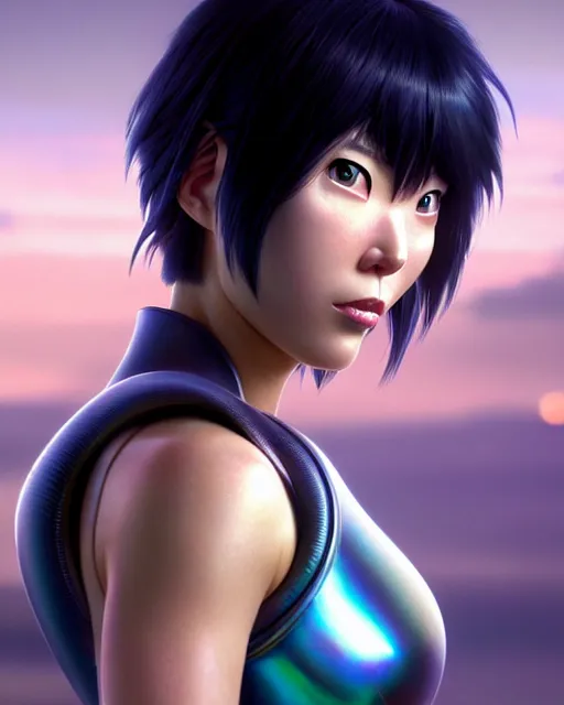 Image similar to weta disney pixar movie still portrait photo of motoko kusanagi the major ghost in the shell : : as cyborg woman by pixar : : by weta, wlop, ilya kuvshinov, rossdraws, artgerm, marvel, maxim cover, latex, octane render, sweaty, iridescent, bright morning, anime, liosh, mucha : :