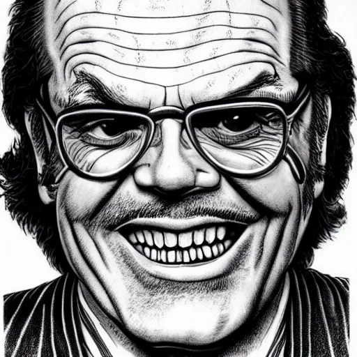 Image similar to a portrait of Jack Nicholson drawn by Robert Crumb