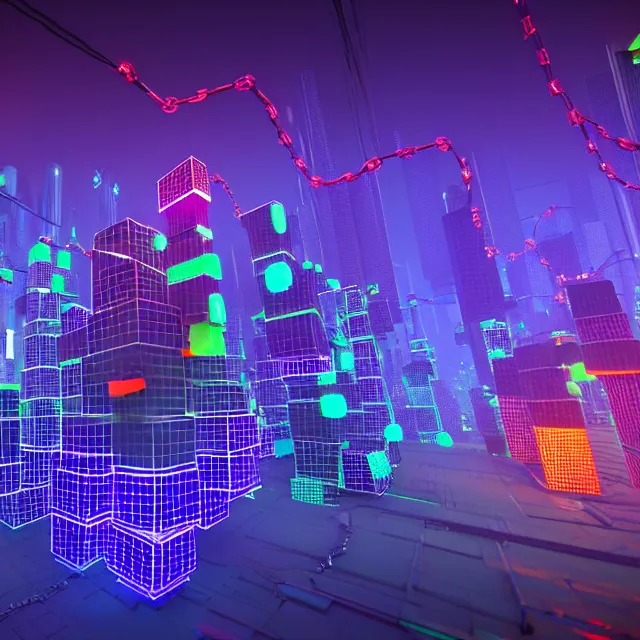 Prompt: 3 d render of glowing futuristic voxel blocks tied together with chains, cubes connected with wires, in the distance a cyberpunk blockchain city is seen, blockchain, symmetry, painted, intricate, volumetric lighting, beautiful, rich deep colors masterpiece, sharp focus, ultra detailed, in the style of dan mumford and marc simonetti