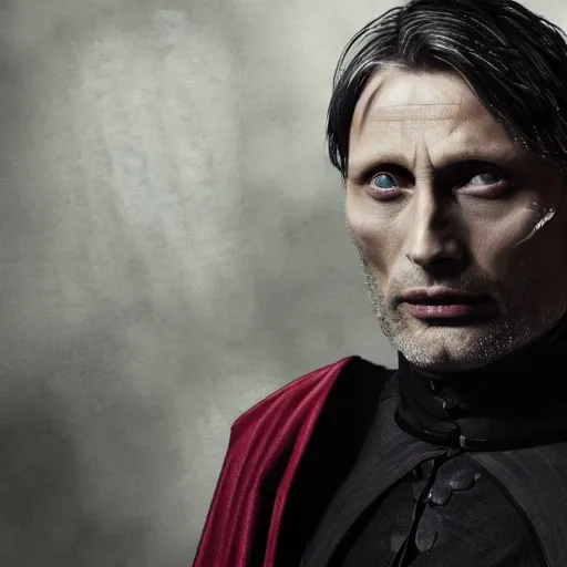 Prompt: mads mikkelsen as a vampire, male, late - 4 0 s aged, shoulder blade length, slicked black hair, red irises, clean shaven, wearing a cape, regal, royal, grim facial expression, high medieval fantasy, full color digital art, cinematic shot, full body shot.