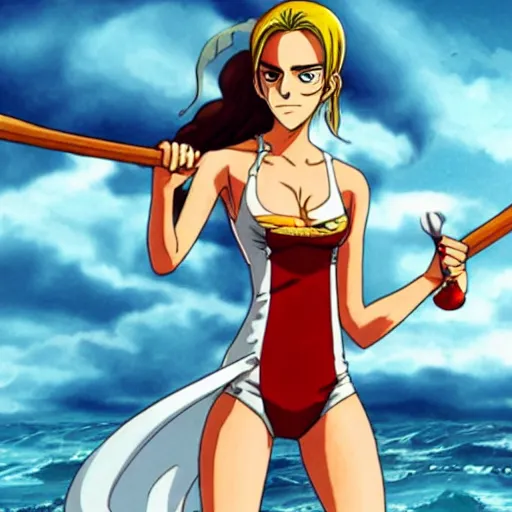 Image similar to A full body portrait of emma watson as Nami from one piece holding a trident in one hand, leage of legends