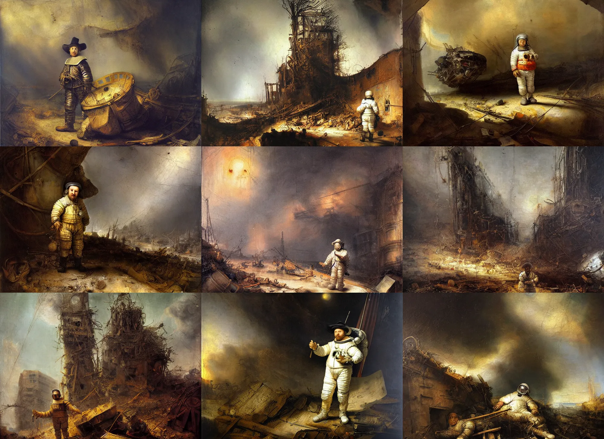 Prompt: rembrandt oil painting style!!! american white spacesuit chubby astronaut in giant postapocalyptic abandoned destroyed times square, wrecked buildings, destroyed flipped wrecked cars