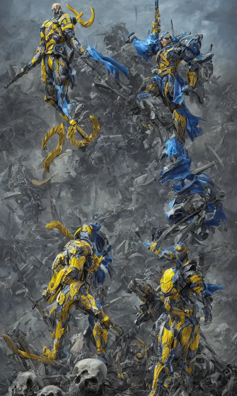 Image similar to a distant shot of a super soldier with blue and yellow flag and a trident symbol standing alone on a huge pile of skulls as a winner, masculine figure, D&D, fantasy, intricate, elegant, highly detailed, extremely detailed, digital painting, artstation, concept art, matte, smooth, sharp focus, illustration, art by Artgerm and Greg Rutkowski and Alphonse Mucha