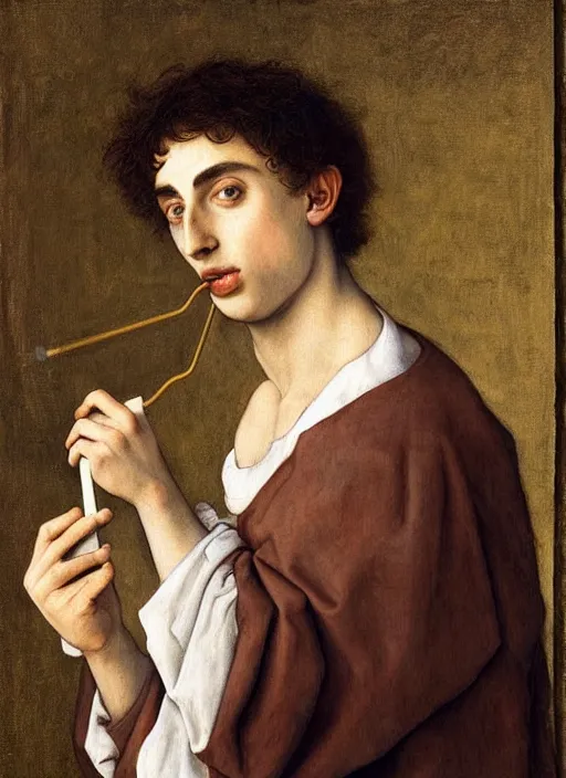 Prompt: (((( a painting of a Timothee Chalamet brushing his teeth, a character portrait by Dürer, behance, pre-raphaelitism, da vinci, pre-raphaelite, detailed painting“