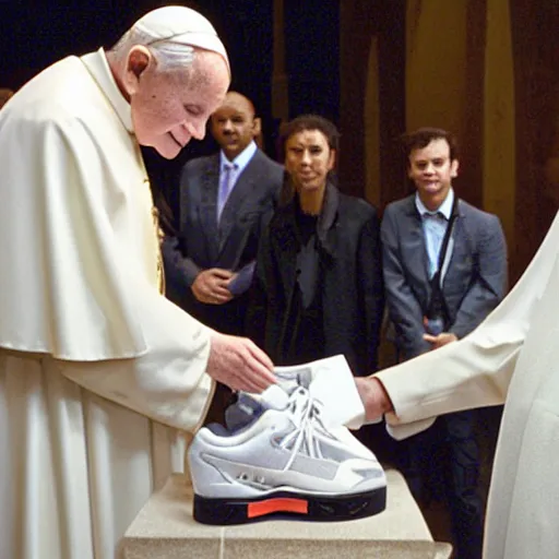 Image similar to john paul ii admiring a yeezy sneaker in his hands