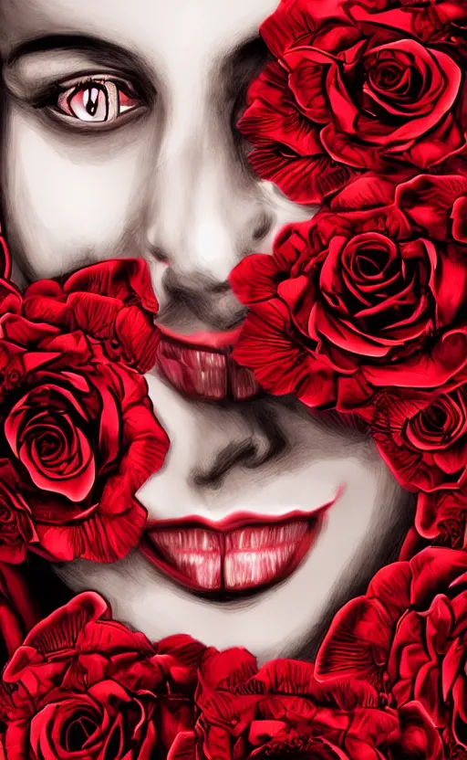 Image similar to very detailed digital drawing of a face covered with teeth lying in red roses.