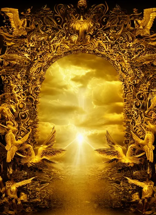 Image similar to Fine Art photo landscape, gates of heaven, golden kingdom, Flying angels, photorealism, 8k