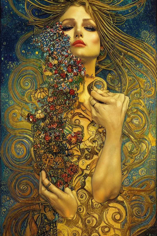 Image similar to Visions of Paradise by Karol Bak, Jean Deville, Gustav Klimt, and Vincent Van Gogh, visionary, otherworldly, fractal structures, ornate gilded medieval icon, third eye, spirals, heavenly spiraling clouds with godrays, airy colors