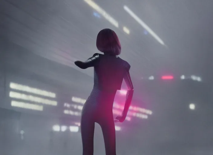 Image similar to blade runner 2049 hologram girl with laser cannon 8k trending on artstation