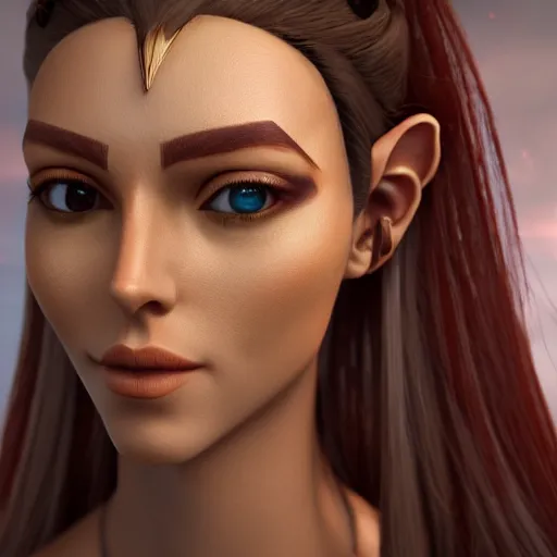 Image similar to portrait of a beautiful female high elf with tan skin, 3 d octane render trending on art station 8 k