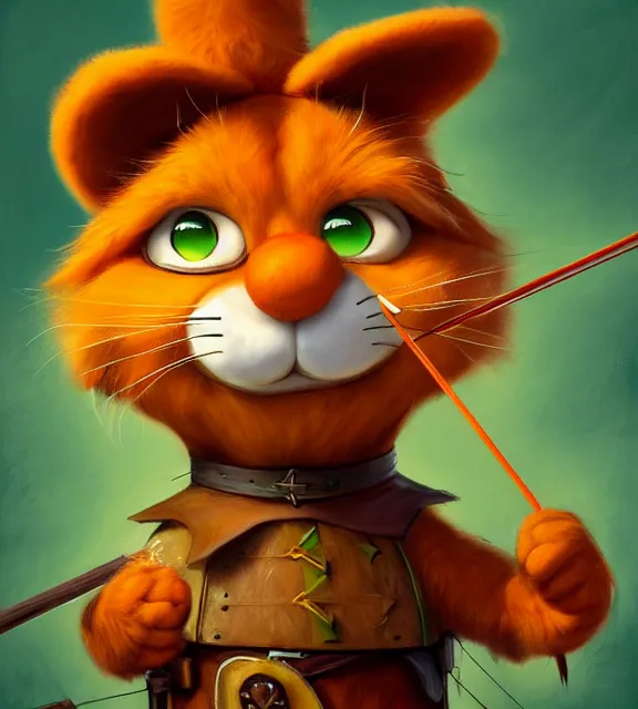Prompt: cute anthropomorphic garfield as robin hood, smiling, perfect face, orange fur, green hat and tunic, bow and arrow, cinematic, elegant, highly detailed, psychedelic, digital painting, artstation, smooth, hard focus, illustration, art by jessica rossier and and brian froud