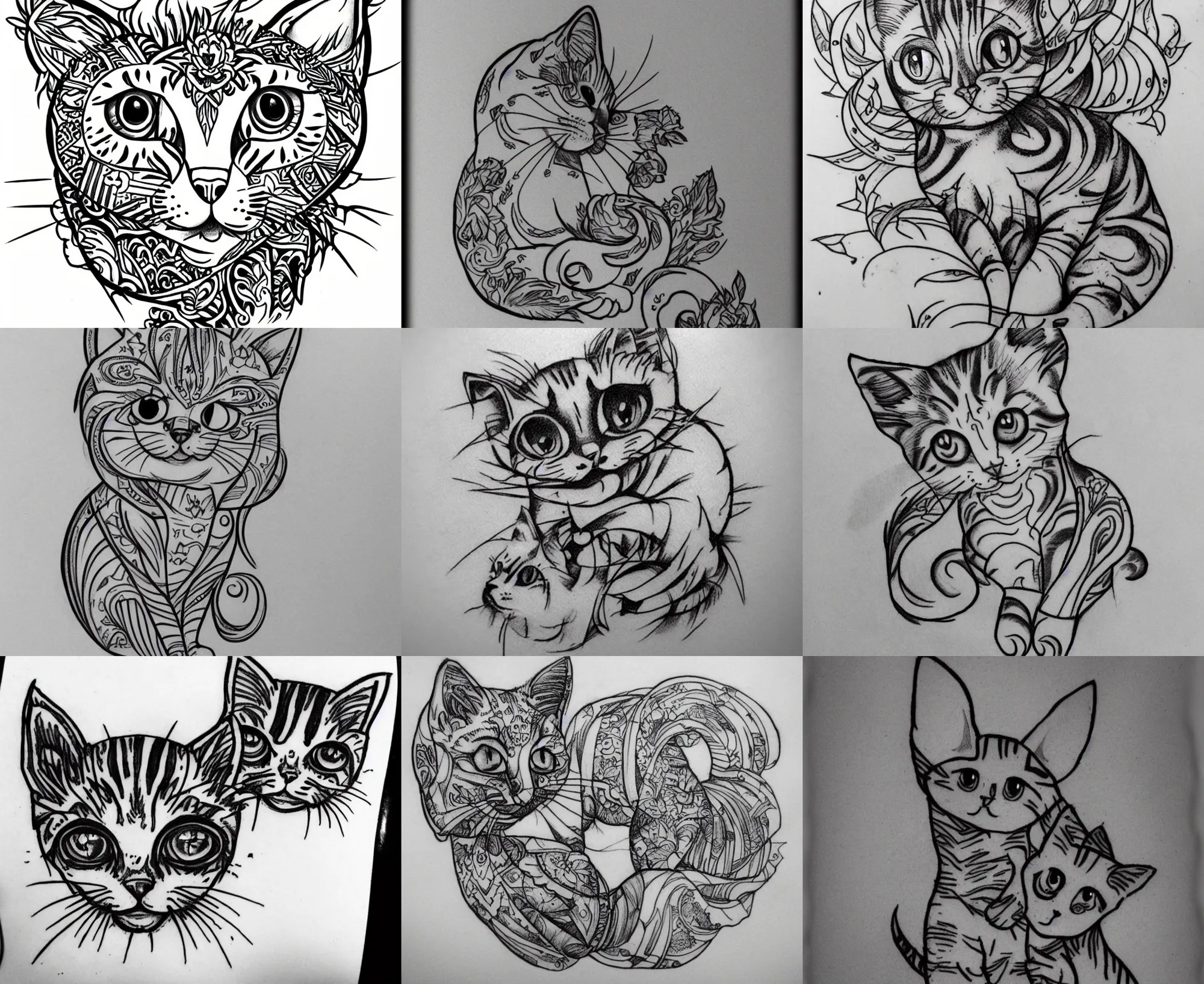 Prompt: Tattoo Design line sketch Stylized kitten