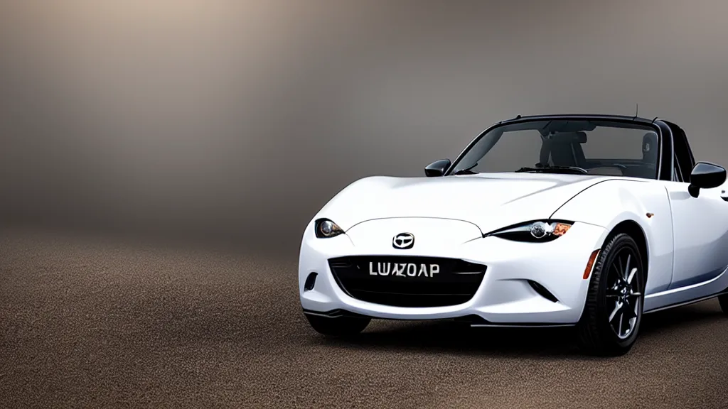 Image similar to a mazda mx - 5, white balance, 8 k, rim lighting, led, lumen global illumination, glowing, glow - in - the - dark, fog, ray tracing reflections