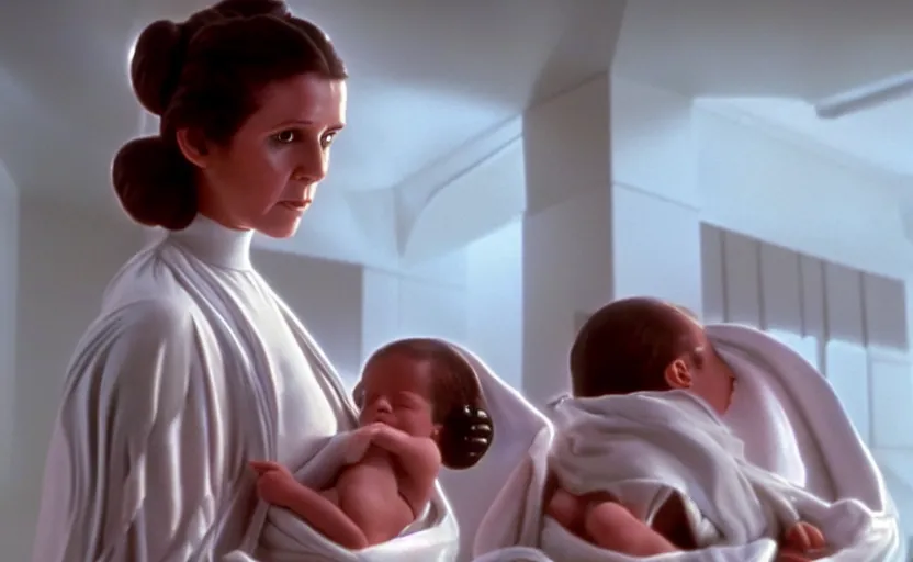 Prompt: screenshot of Princess Leia Organa holding a new born baby in a swaddle, Han Solo watches, iconic scene from 1970s film directed by by Stanley Kubrick, in a sci fi nursing home architecture, 4k HD sharp, cinematic still frame, photoreal, detailed face, moody lighting, stunning cinematography, anamorphic lenses, kodak color film stock