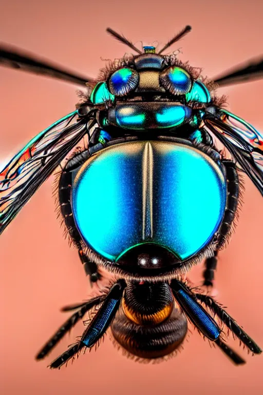 Image similar to high quality macro robot metallic tachinid fly! gorgeous highly detailed hannah yata elson peter cinematic turquoise lighting high quality low angle hd 8k sharp shallow depth of field